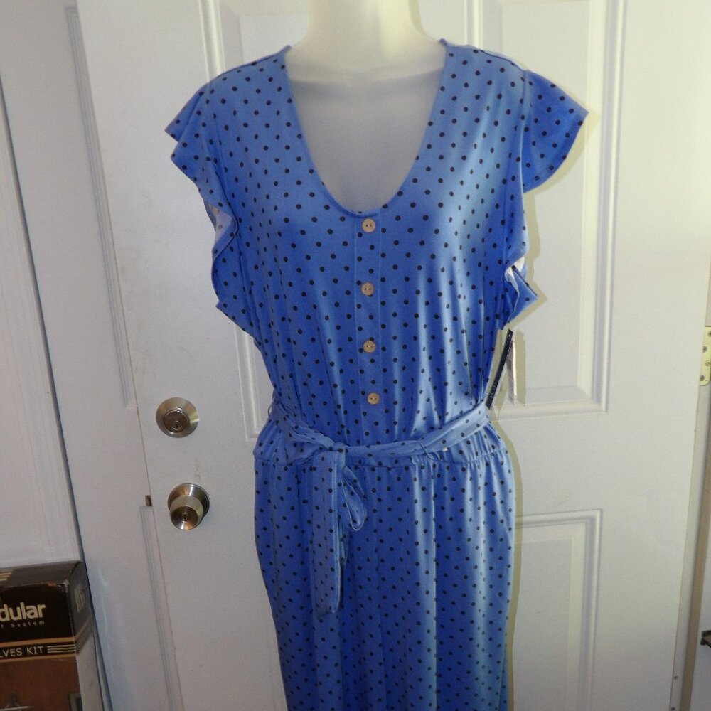 Blue Polka Dot Sleeveless Jumpsuit with Tie Waist